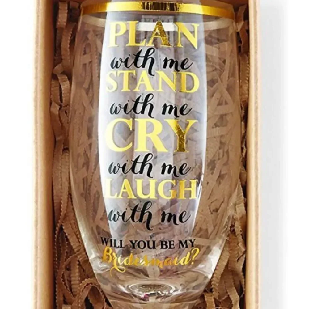 New in Gift Box Mud Pie Plan with Me Champagne Glass, Gold Bridesmaid Wine glass